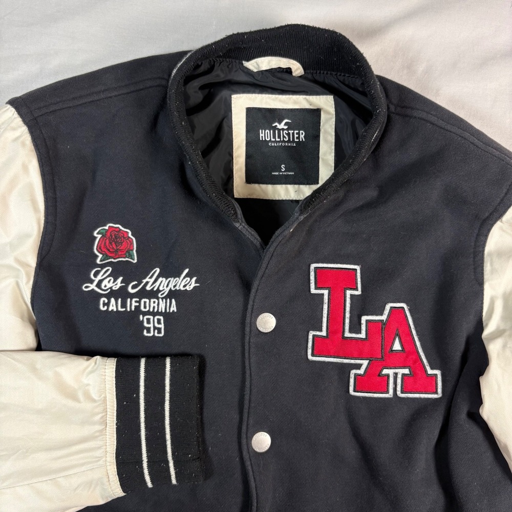Hollister Los Angeles Varsity Letterman Jacket Small Black White LA Patch '99